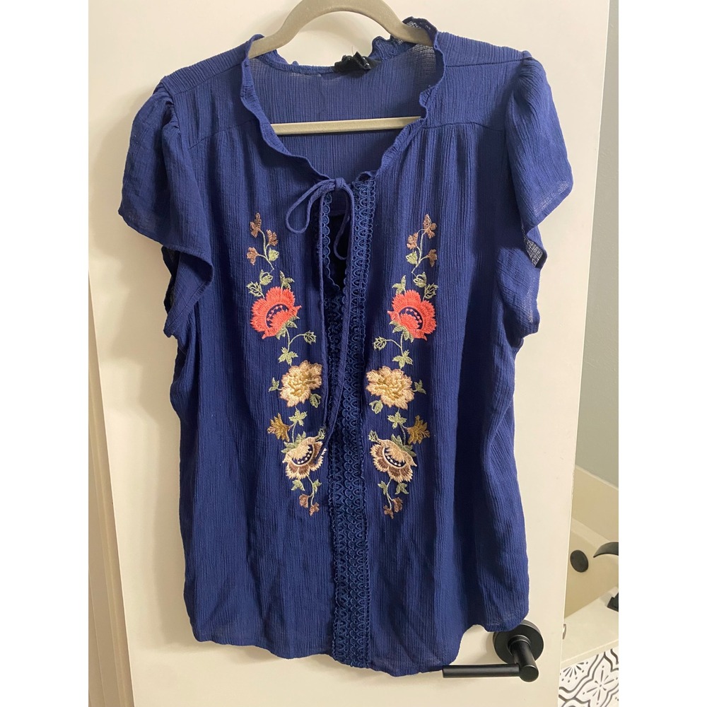 Flower & Feather Navy Floral Embroidered Lace Trim Boho Blouse 3XL CottageCore